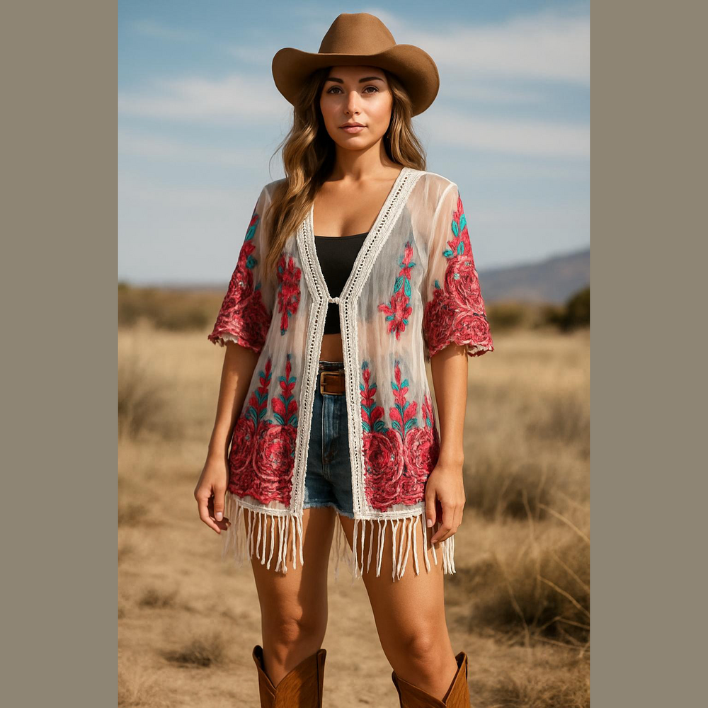 ASHA Sheer White Floral Embroidered Fringe Kimono OS Boho Festival Coastal NWT